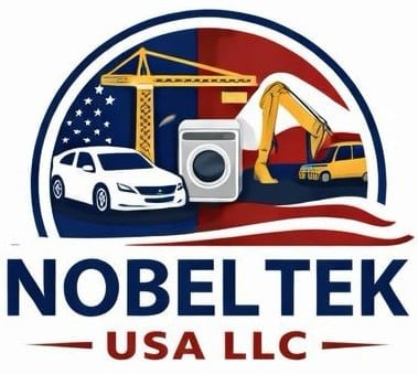 NobelTek USA LLC logo featuring construction equipment, a car, washing machine, and crane over red and blue wavy background